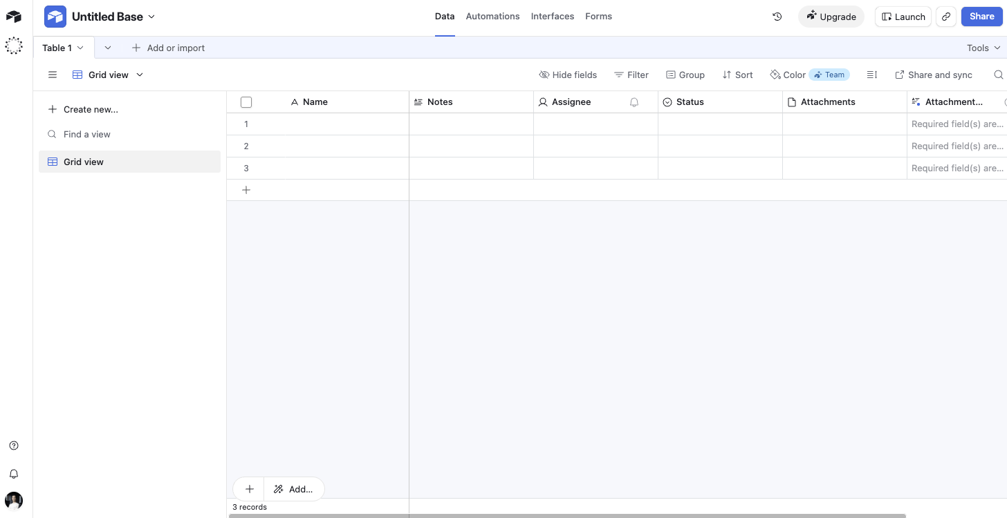 A new Airtable base in Grid view, fields are already set up, but every row is empty