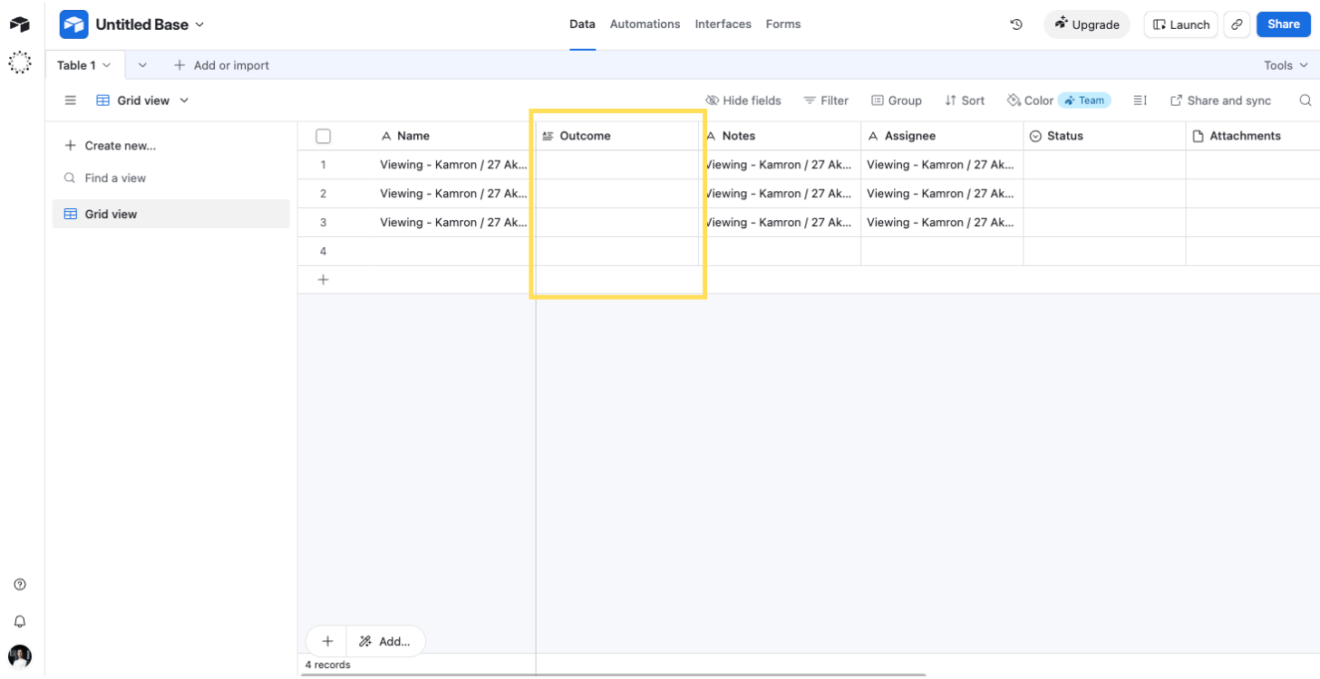 A new "Outcome" field added to an Airtable table, empty across every existing row