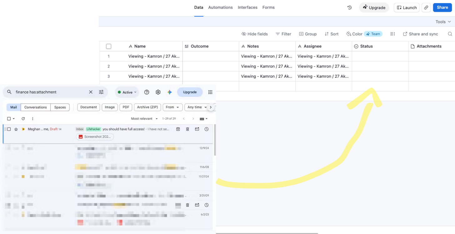 An email inbox next to an Airtable grid, with rows that still need to be copied over by hand