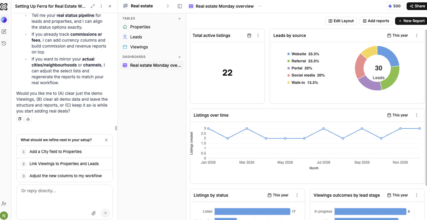 Ferra setting up a real estate workspace from a plain-language description, with tables and a dashboard already built