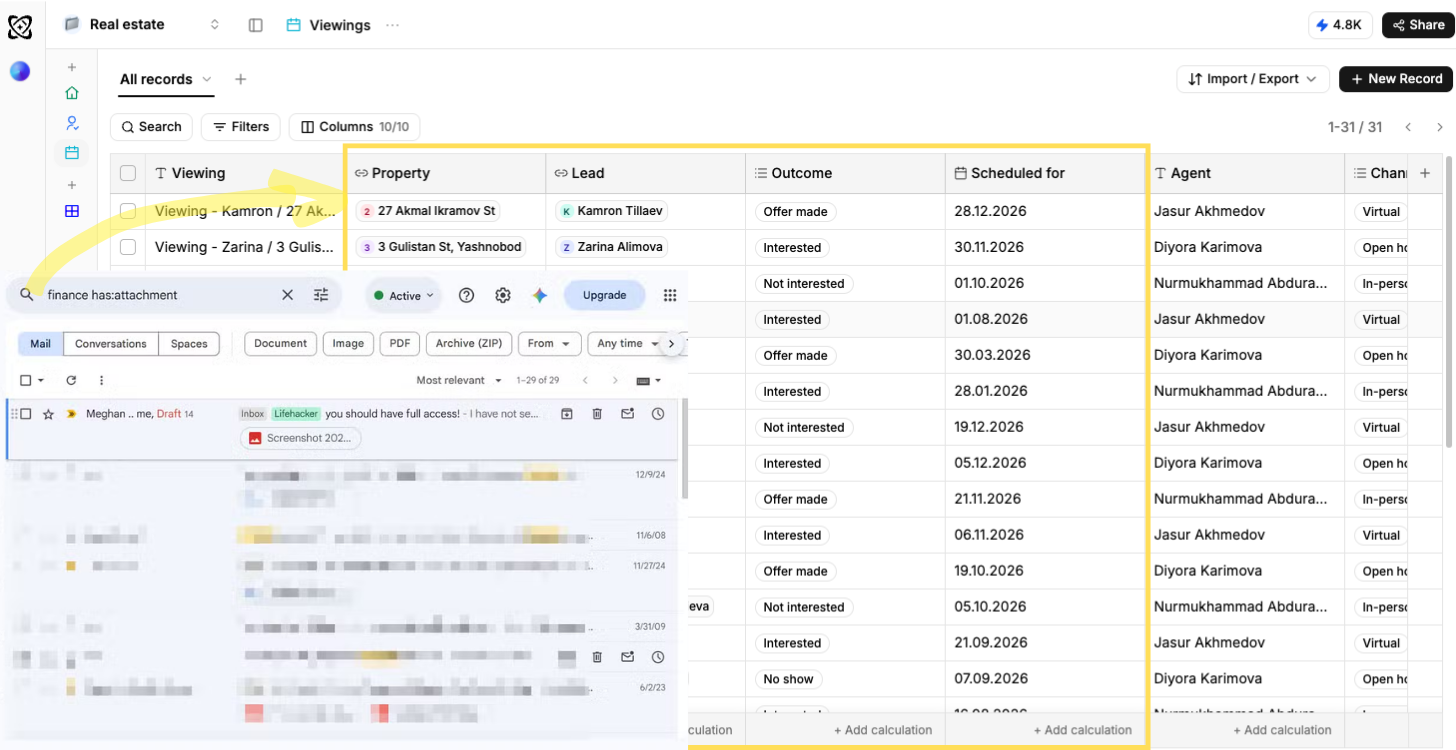 The same inbox next to a Ferra table already populated with rows sourced from those emails