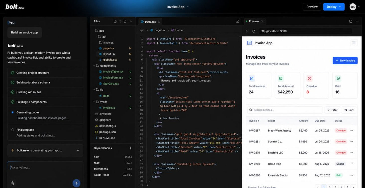 Bolt generating an invoice app: a build checklist in the chat, the file tree of the generated project, the page source in the editor, and a live preview showing invoice stat cards and a table