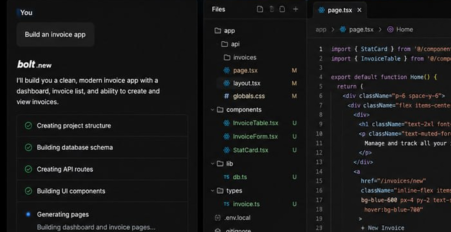 Bolt working through a build: "Build an invoice app" in the chat, then a checklist reading Creating project structure, Building database schema, Creating API routes, Building UI components and Generating pages, with the generated file tree beside it