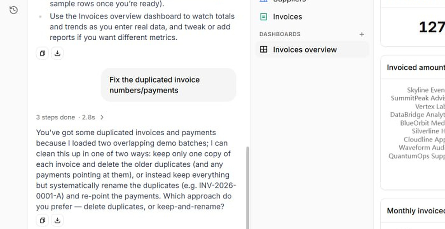 A Ferra chat where the user asks to fix duplicated invoice numbers and payments, and the assistant explains that two overlapping demo batches were loaded and offers either to delete the older duplicates or to rename them and re-point the payments