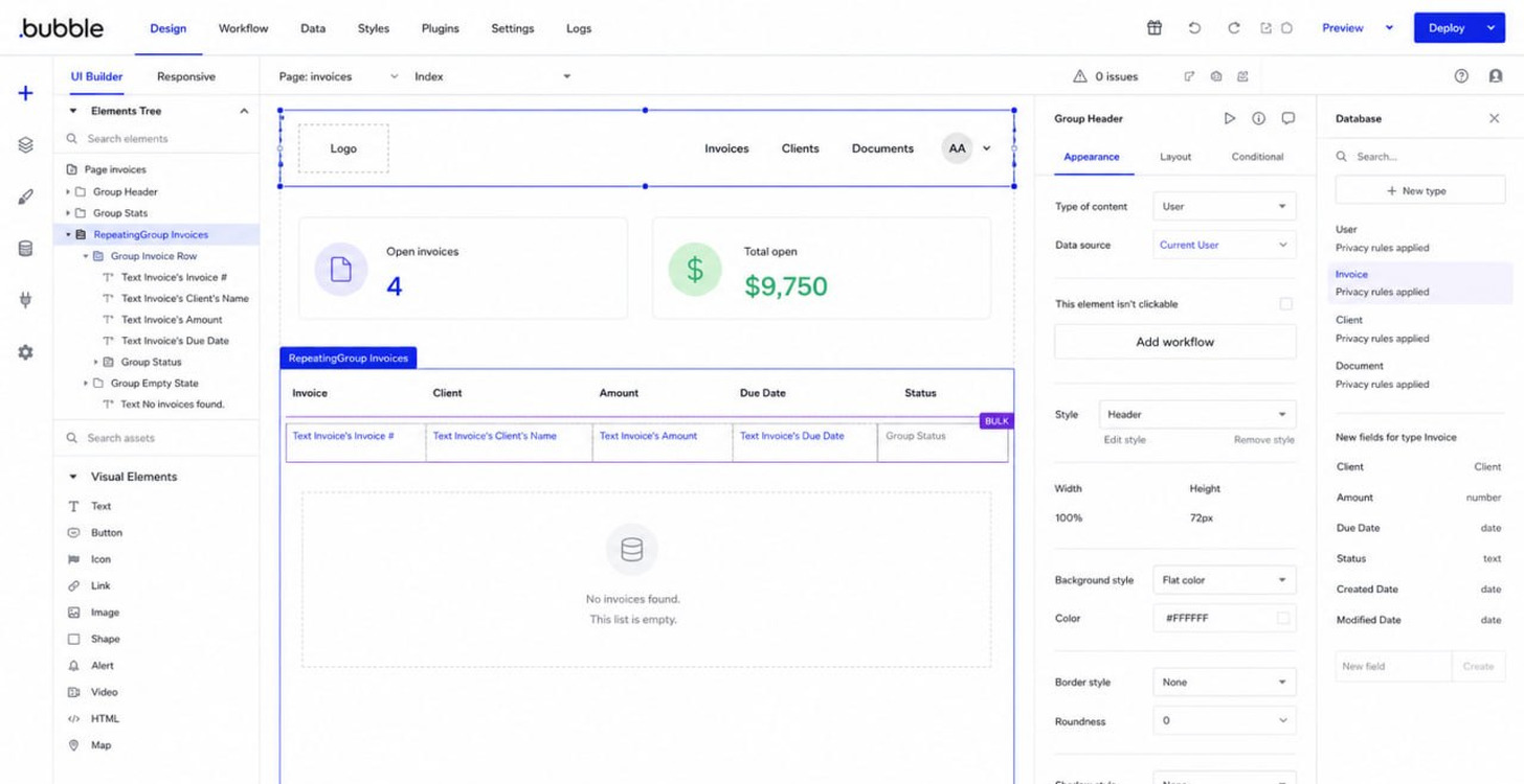 The Bubble editor: an elements tree on the left, a page canvas with stat cards and a repeating group whose invoice list reads "No invoices found. This list is empty.", a property inspector, and a database panel listing the Invoice type and its fields