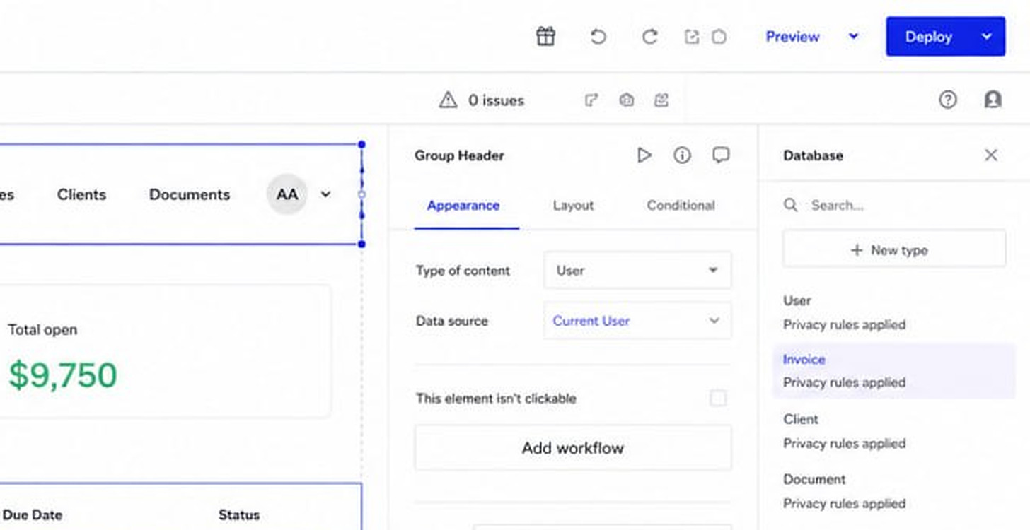 The top right of the Bubble editor: Preview and Deploy buttons, a Group Header property panel with Appearance, Layout and Conditional tabs and an Add workflow button, and a Database panel listing the User, Invoice, Client and Document types