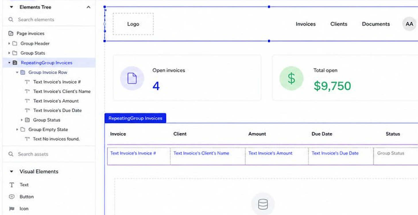 Bubble's Elements Tree with a RepeatingGroup Invoices expanded into Text Invoice's Invoice #, Text Invoice's Client's Name, Text Invoice's Amount, Text Invoice's Due Date, a Group Status and a Group Empty State, beside the canvas where each of those elements sits in the row