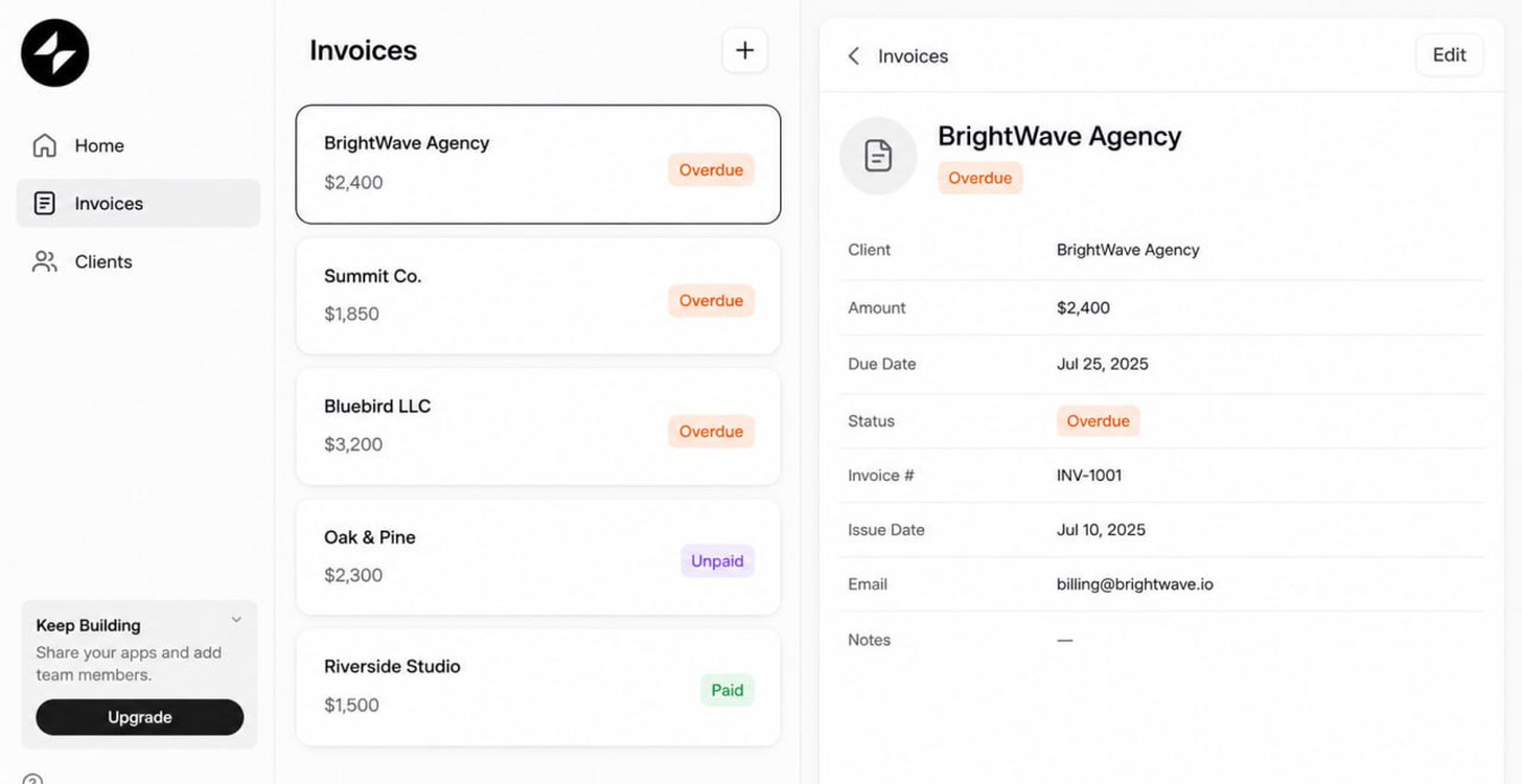 An app built with Glide: a Home, Invoices and Clients sidebar, a list of invoice cards with amounts and status badges, and a detail pane for one client showing amount, due date, status, invoice number and billing email