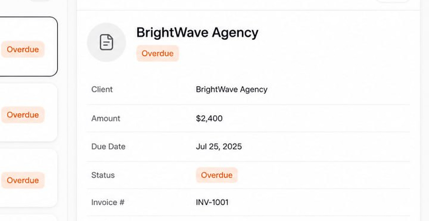 A record detail pane in a Glide app: BrightWave Agency marked Overdue, with client, amount $2,400, due date, status and invoice number listed as fields, and the invoice list beside it