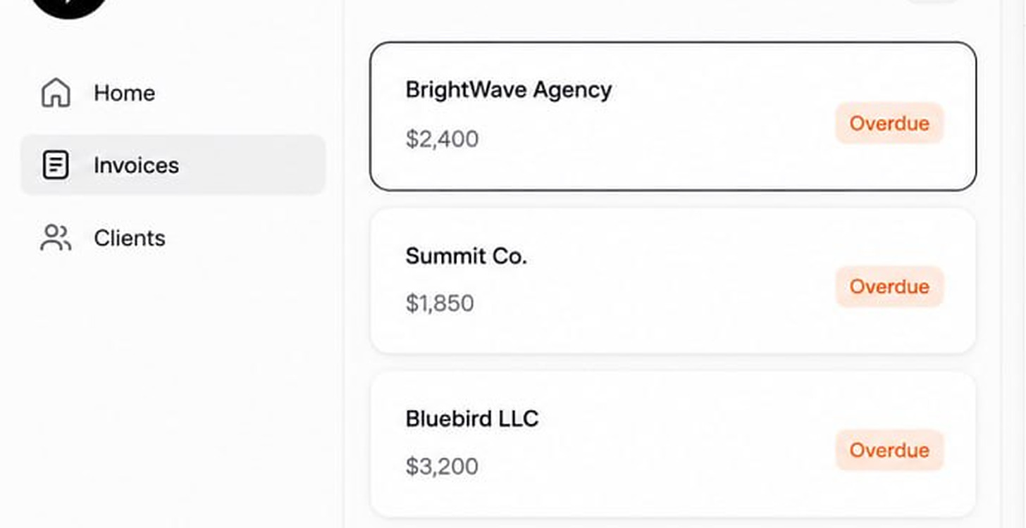 The Invoices screen of a Glide app: a Home, Invoices and Clients sidebar beside a scrolling list of invoice cards. BrightWave Agency $2,400, Summit Co. $1,850 and Bluebird LLC $3,200, each marked Overdue