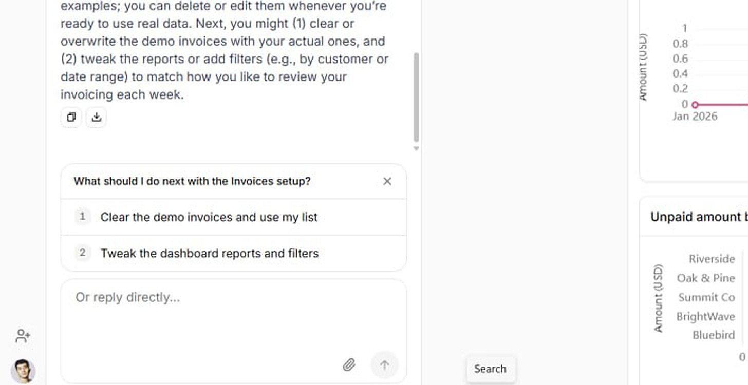 Ferra offering next steps after building an invoices setup, "Clear the demo invoices and use my list" and "Tweak the dashboard reports and filters": above an "Or reply directly…" box