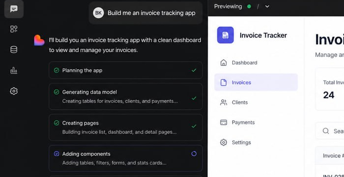 Lovable generating an invoice tracking app: a chat checklist reading Planning the app, Generating data model, Creating pages and Adding components, beside a live preview of the app with its Dashboard, Invoices, Clients and Payments navigation