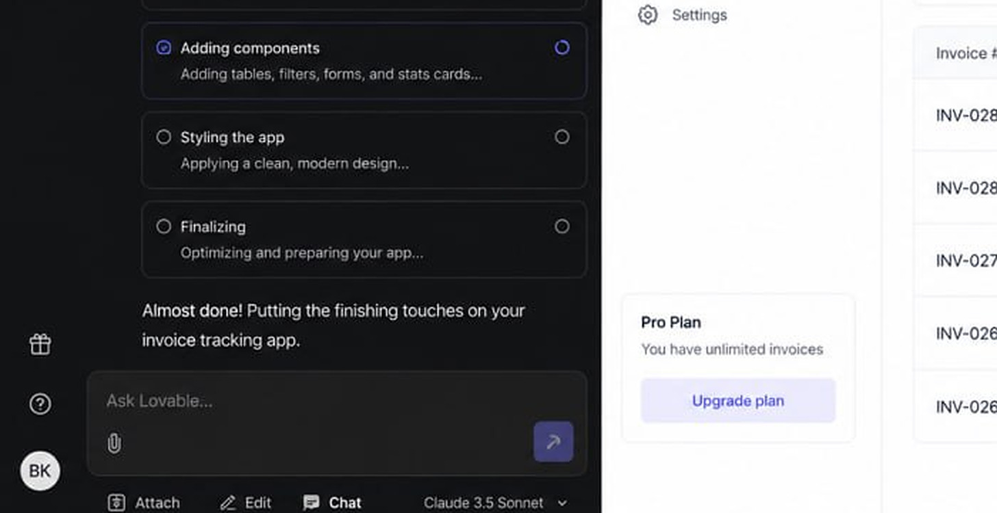 The tail of a Lovable build, Adding components, Styling the app and Finalizing, above an "Ask Lovable…" box with Attach, Edit and Chat controls, beside the previewed app and its invoice list
