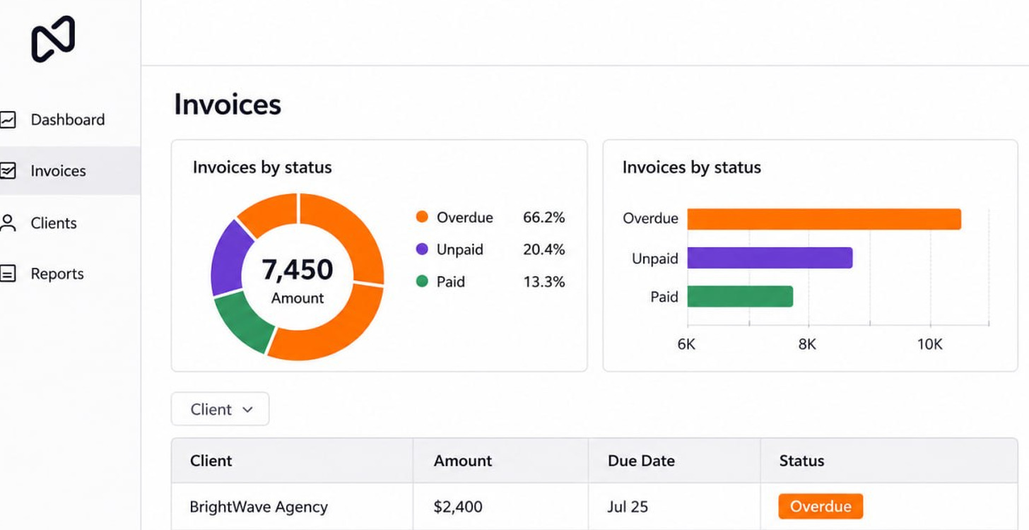 An app built with Noloco: a Dashboard, Invoices, Clients and Reports sidebar, two invoices-by-status charts, a client filter, and a table of overdue invoices with amounts and due dates