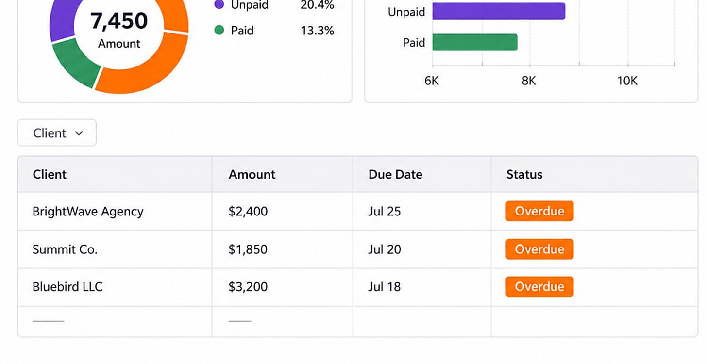 The invoice table in a Noloco app, under its status charts: a Client filter above rows for BrightWave Agency $2,400, Summit Co. $1,850 and Bluebird LLC $3,200, each marked Overdue