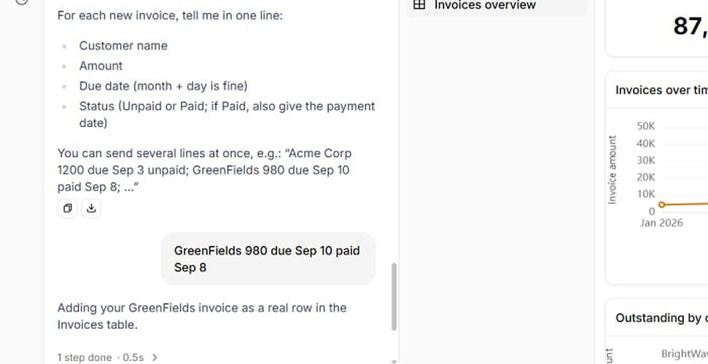 Ferra explaining that each invoice can be given in one line, customer name, amount, due date, status, and then taking "GreenFields 980 due Sep 10 paid Sep 8" and saving it as a real row in the Invoices table