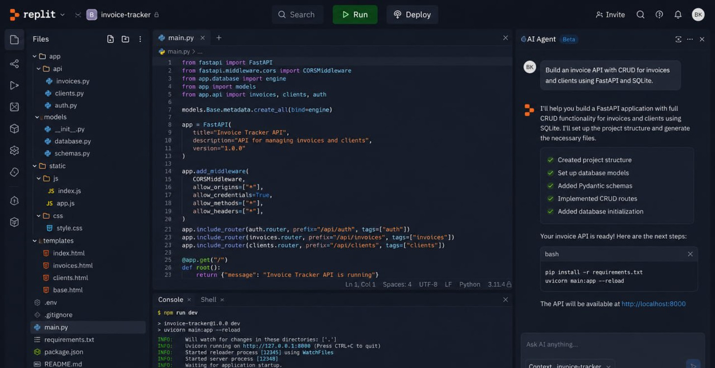 A Replit workspace: a Python project tree, main.py with FastAPI code open, a console running the server locally, and an AI Agent panel listing the CRUD invoice API it just generated
