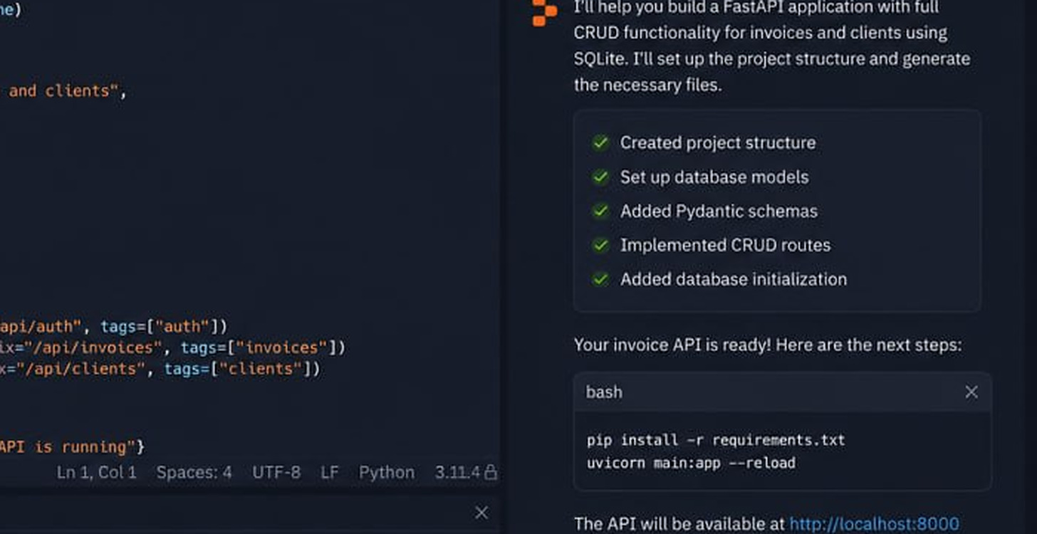 Replit's AI Agent reporting that it created the project structure, database models, Pydantic schemas, CRUD routes and database initialization, then giving the next steps, pip install -r requirements.txt and uvicorn main:app --reload, and the localhost address the API will run on