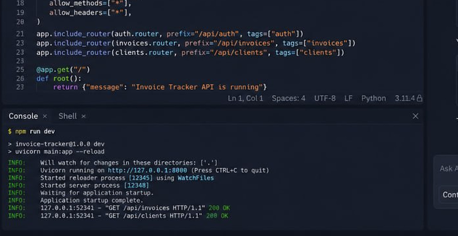 A Replit workspace with main.py registering the auth, invoices and clients routers, and the console underneath running uvicorn with its reloader watching for changes and logging 200 responses