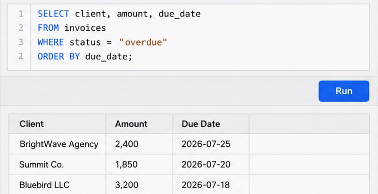 A Retool query editor: a SELECT over the invoices table filtered to status "overdue" and ordered by due date, a Run button beneath it, and the three rows it returned. BrightWave Agency 2,400, Summit Co. 1,850 and Bluebird LLC 3,200 with their due dates