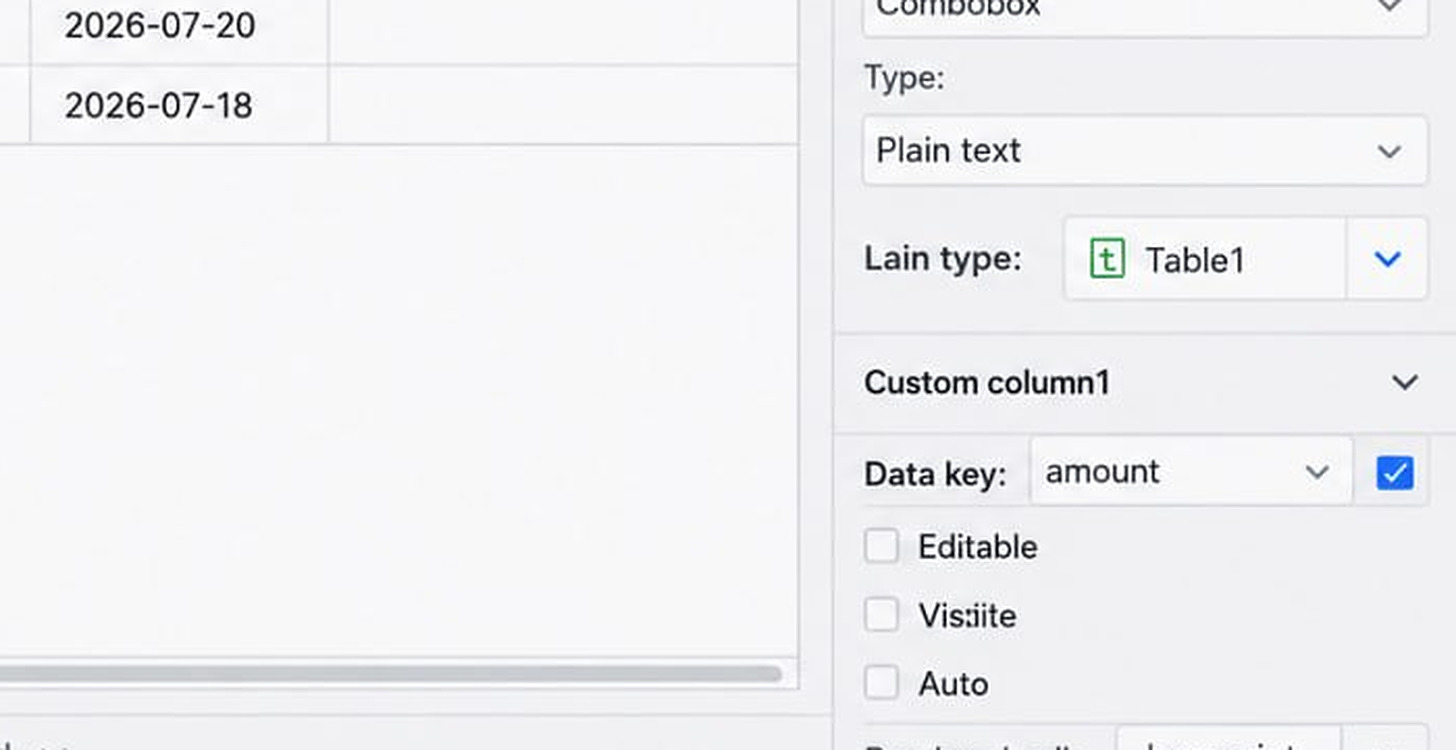 Retool's Inspector panel open on a table column: a plain-text type, a Custom column1 section with its data key set to amount, and Editable, Visible and Auto checkboxes, with the bound result grid beside it