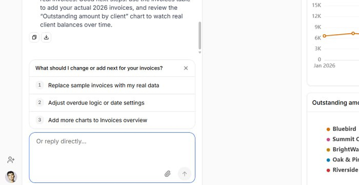 Ferra offering follow-ups after building an invoices workspace: replace the sample invoices with real data, adjust overdue logic or date settings, add more charts to the Invoices overview: above an "Or reply directly…" box