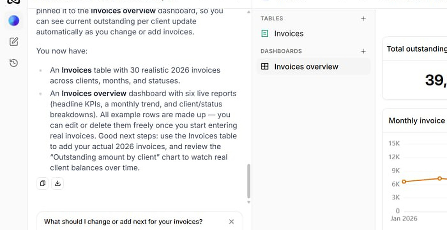Ferra describing in plain English what it just built: an Invoices table with 30 realistic 2026 invoices across clients, months and statuses, and an Invoices overview dashboard with six live reports
