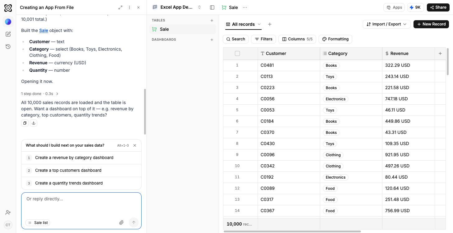 The Ferra assistant building a workspace from an uploaded file, listing the columns and types it created, with the resulting ten-thousand-row table beside it