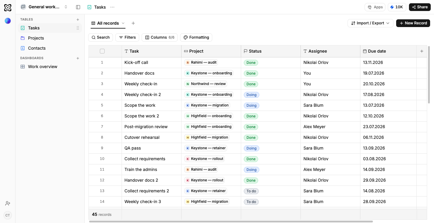 A Ferra table of tasks, each linked to a project, with a status pill reading To do, Doing or Done, the person it is assigned to and a due date