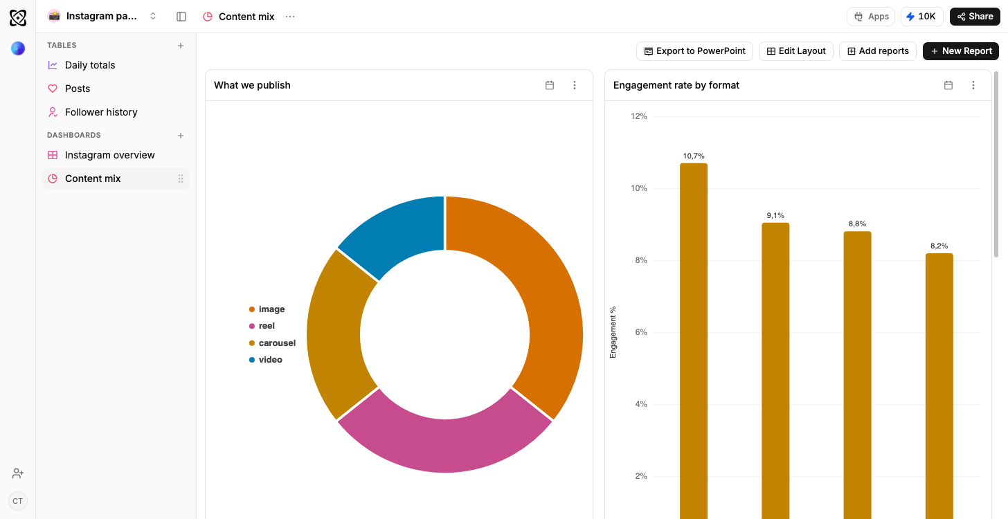 A Ferra dashboard for an Instagram account, with a donut chart splitting posts into image, reel, carousel and video beside a bar chart of engagement rate by format falling from 10,7% to 8,2%